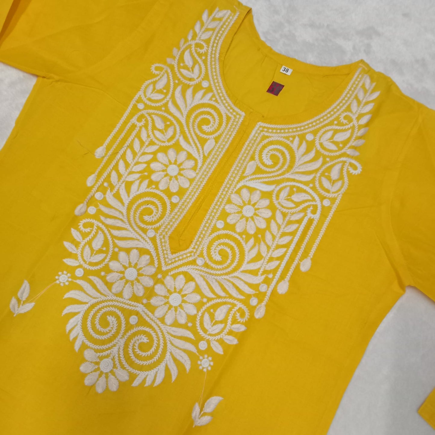 Cotton Machine Work Chikankari Kurti -Yellow Colour - Chikankaar