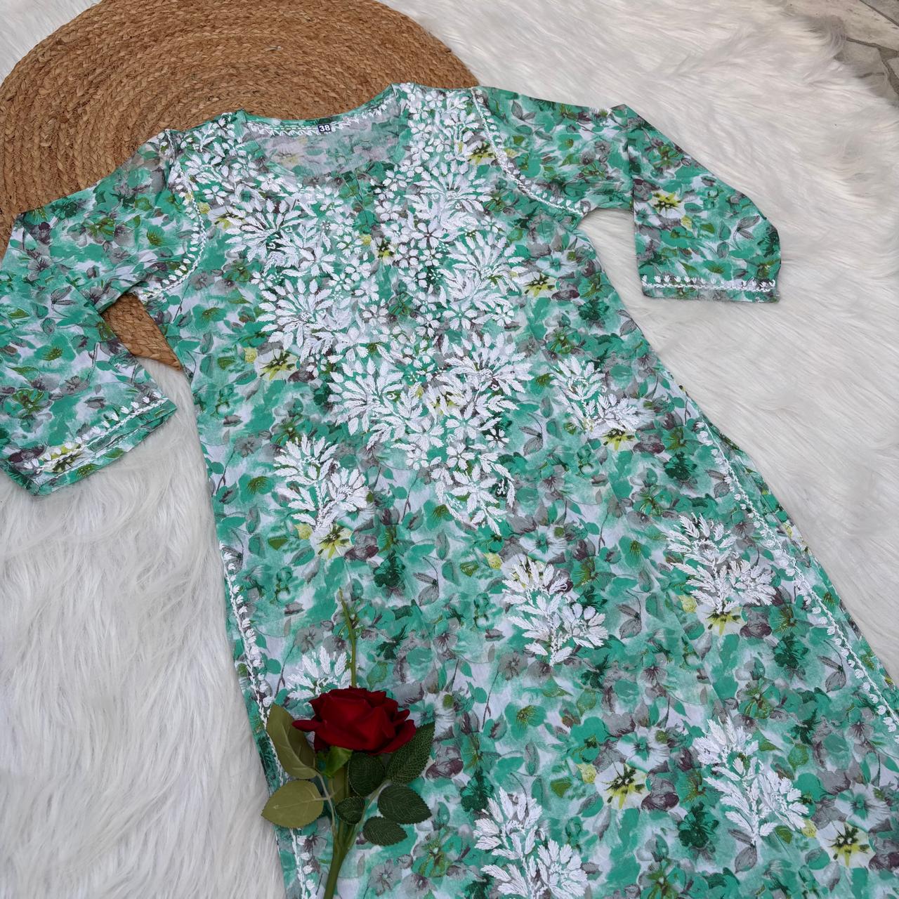 Yasmin Pure Mulmul Chikankari Handwork Kurti - Sea Green Colour