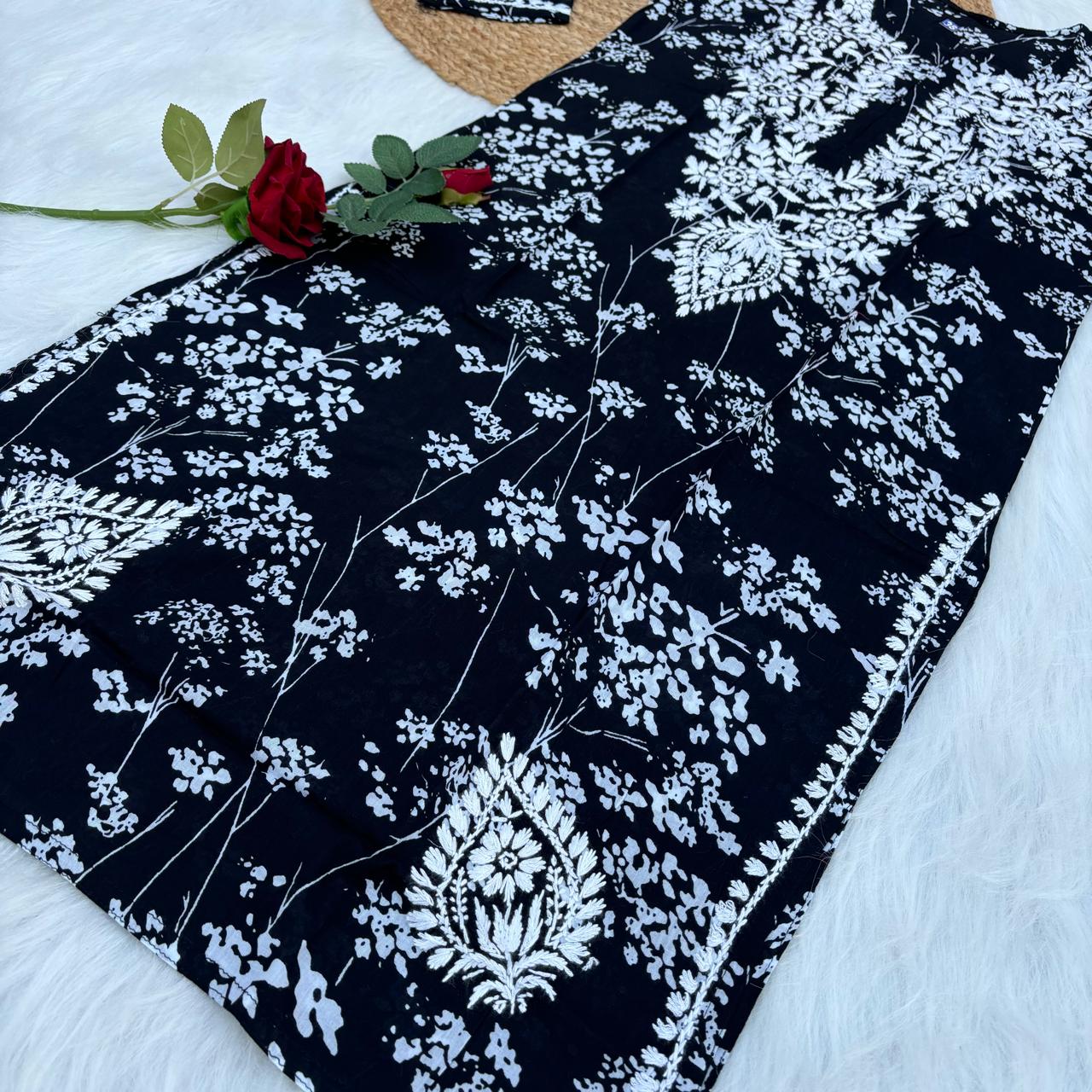 Mahira Sharma Inspired Pure Mulmul Printed Chikankari Handwork Kurti - Black Colour - Chikankaar