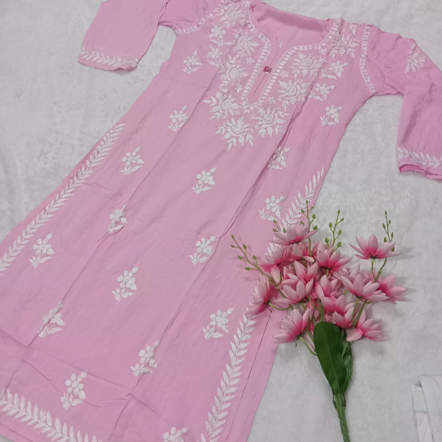 Premium Rose Modal Silk Chikankari Kurti - Baby Pink Color - Chikankaar