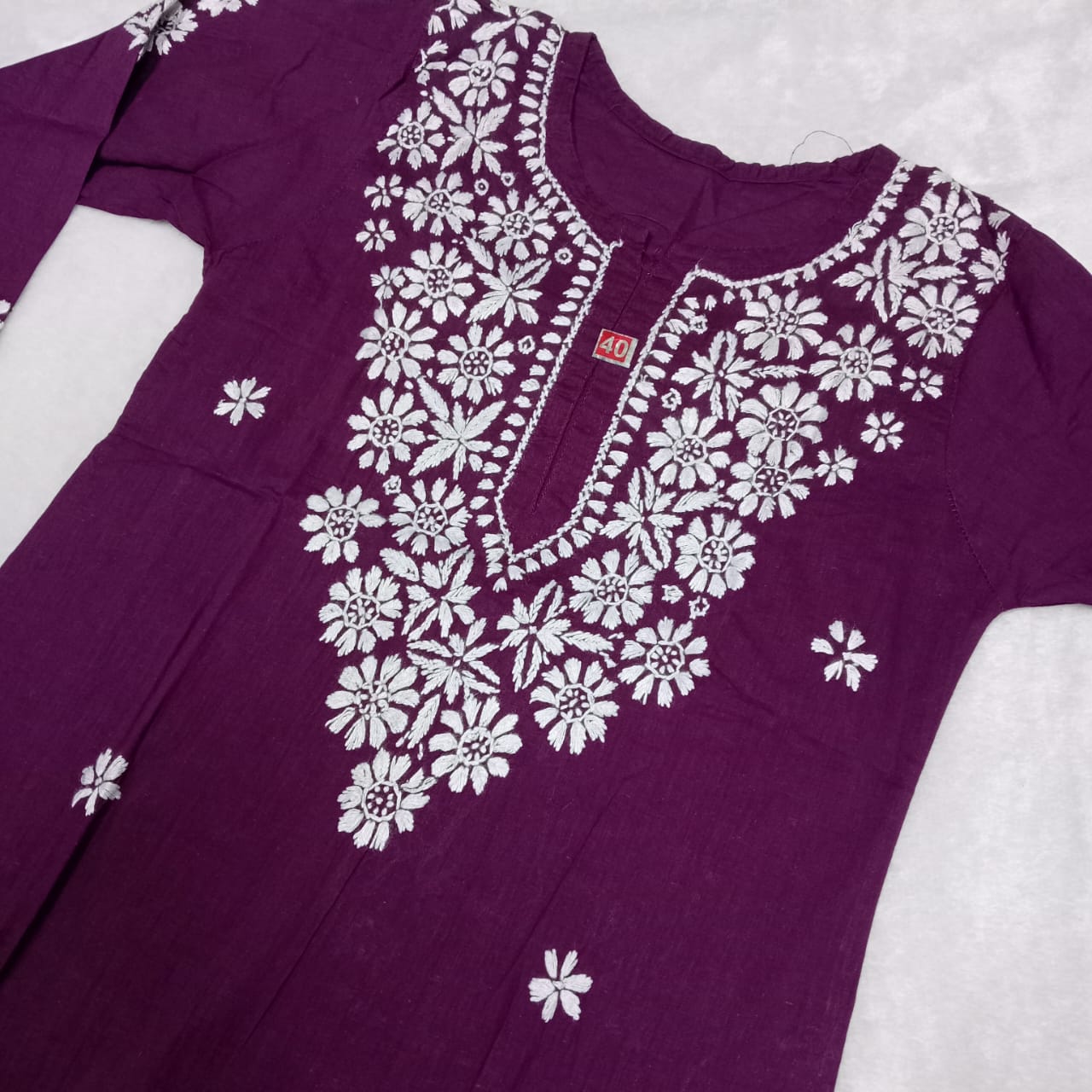 Pure Cotton Chikankari Handwork Kurti - Wine Colour - Chikankaar