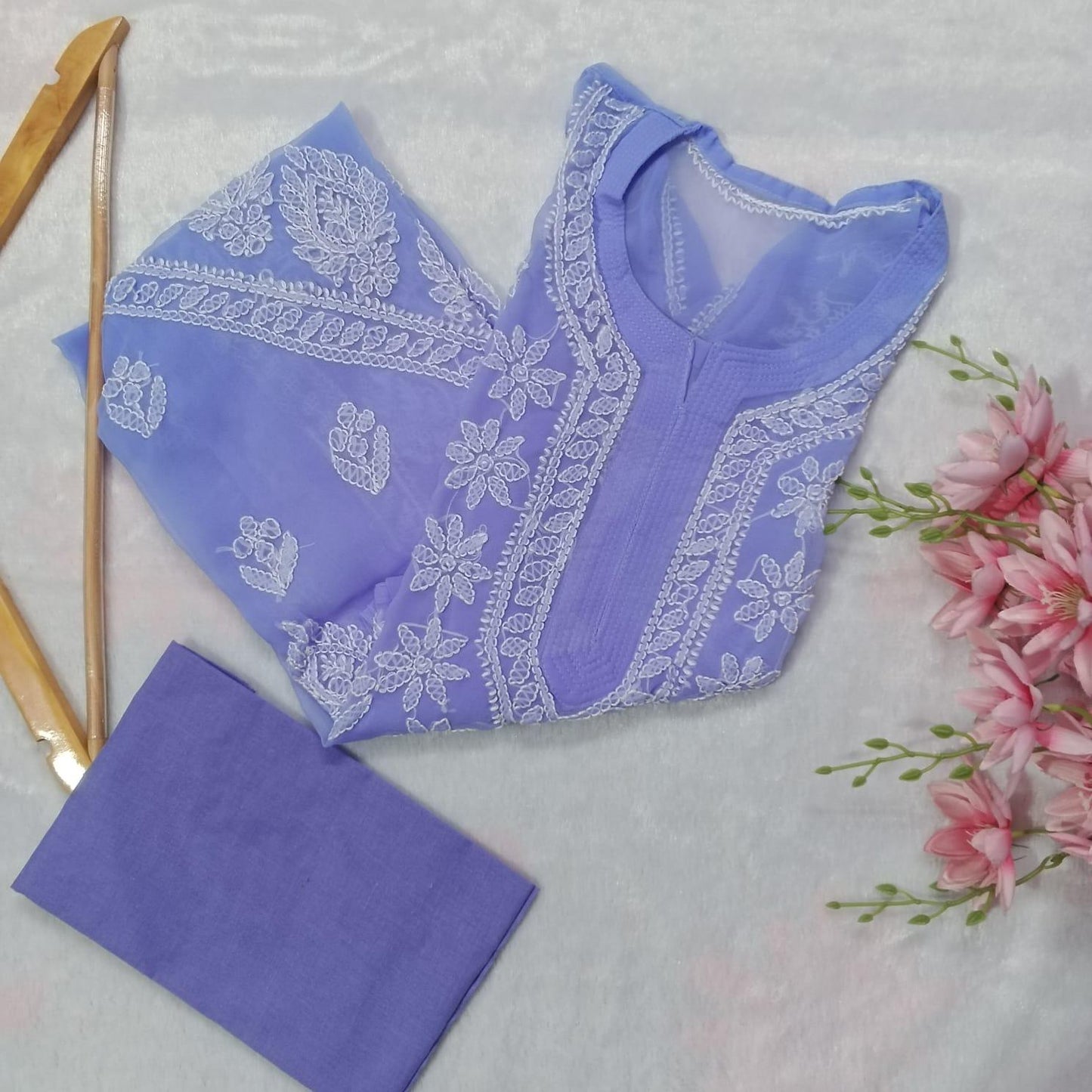 GRACEFUL GEORGETTE CHIKANKARI CROSS PANEL KURTI WITH INNER - PURPLE COLOUR - Chikankaar