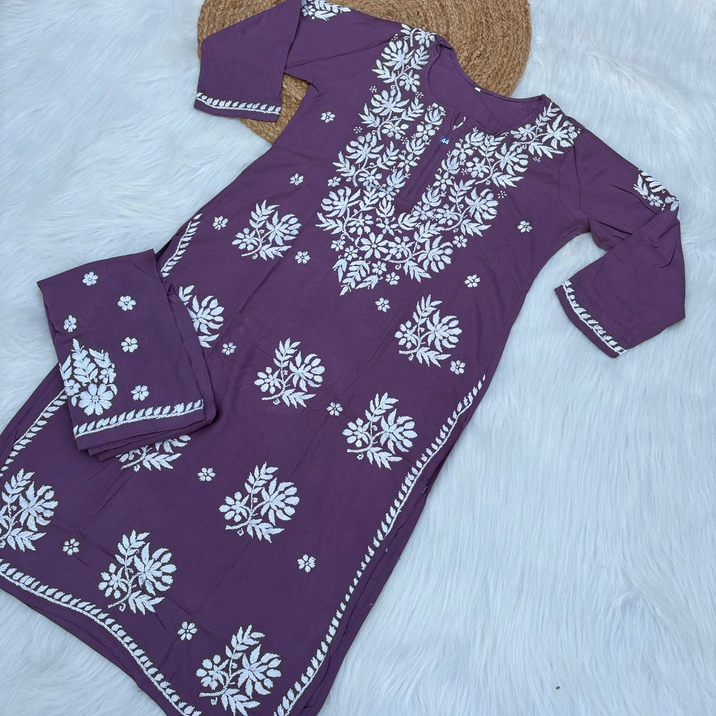 Jannat Soft Rayon Chikankari Kurti Plazo Set - Mauve colour - Chikankaar