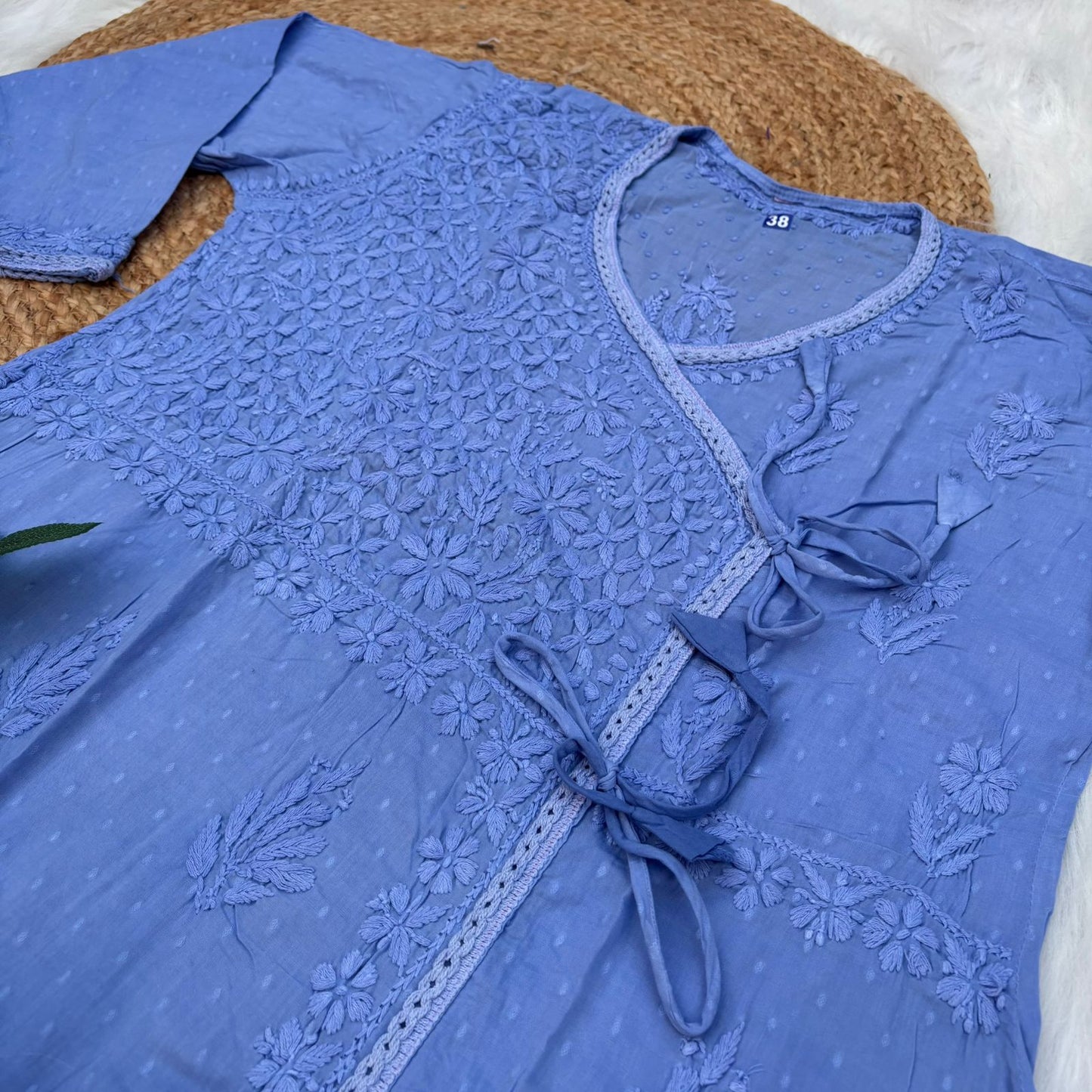 Shazia Ombre Shaded Dobby Cotton Chikankari Angarakha - Ocean Blue Colour