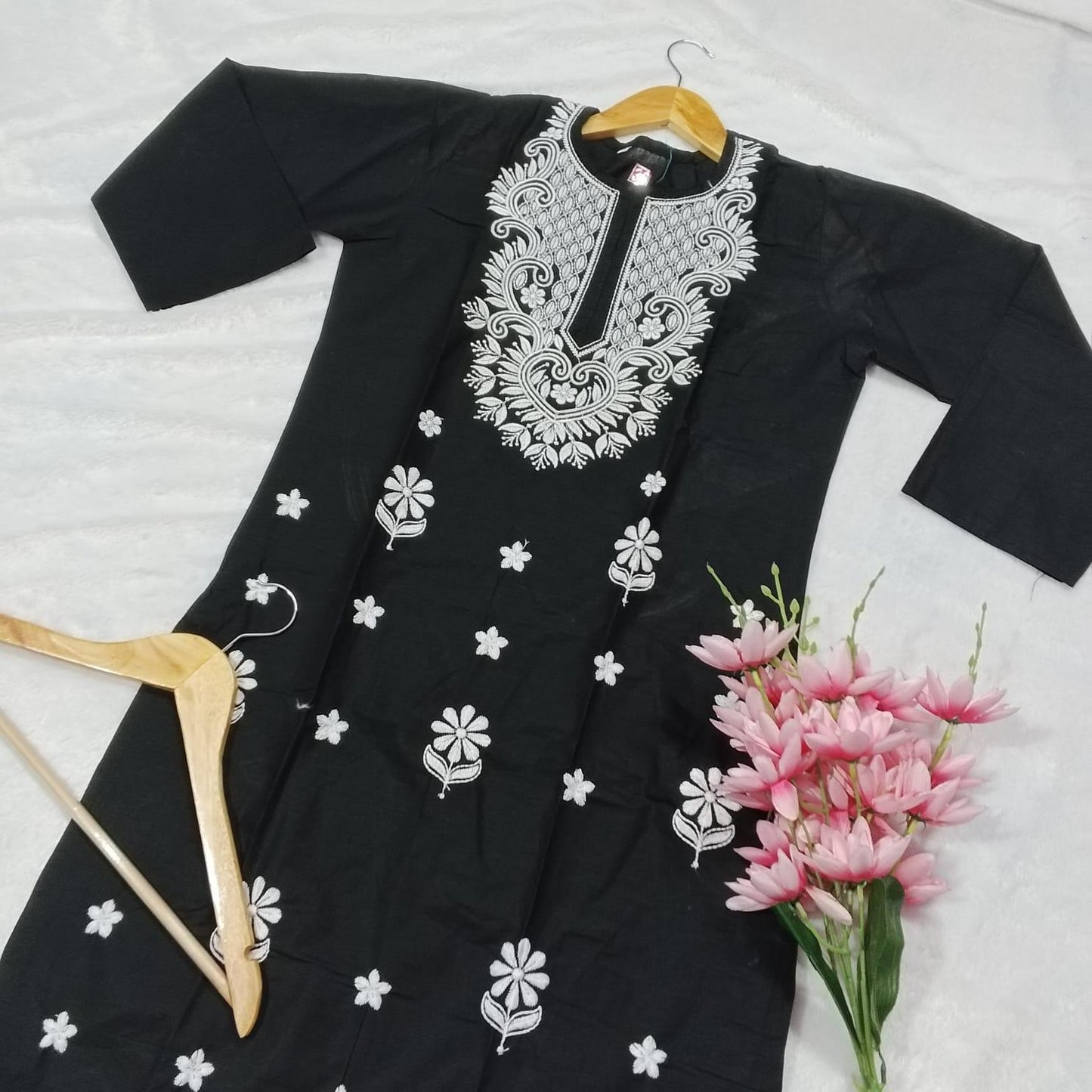 COTTON MACHINE WORK CHIKANKARI KURTI -BLACK COLOUR - Chikankaar