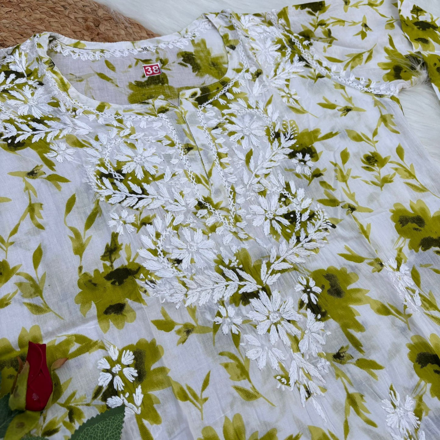 Asma Pure Mulmul Cotton Short Kurti - Green Colour - Chikankaar