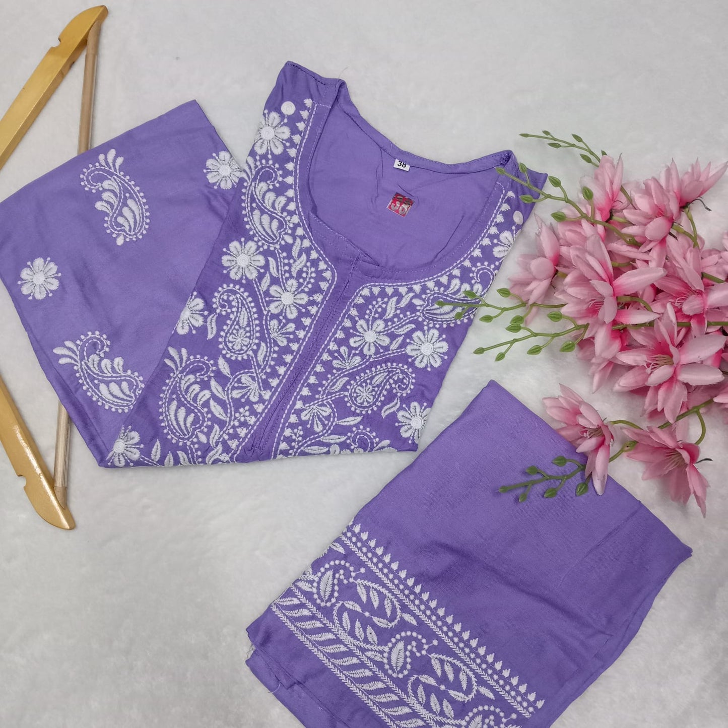 RAYON CHIKANKARI MACHINE WORK KURTI PLAZO SET-PURPLE COLOUR - Chikankaar