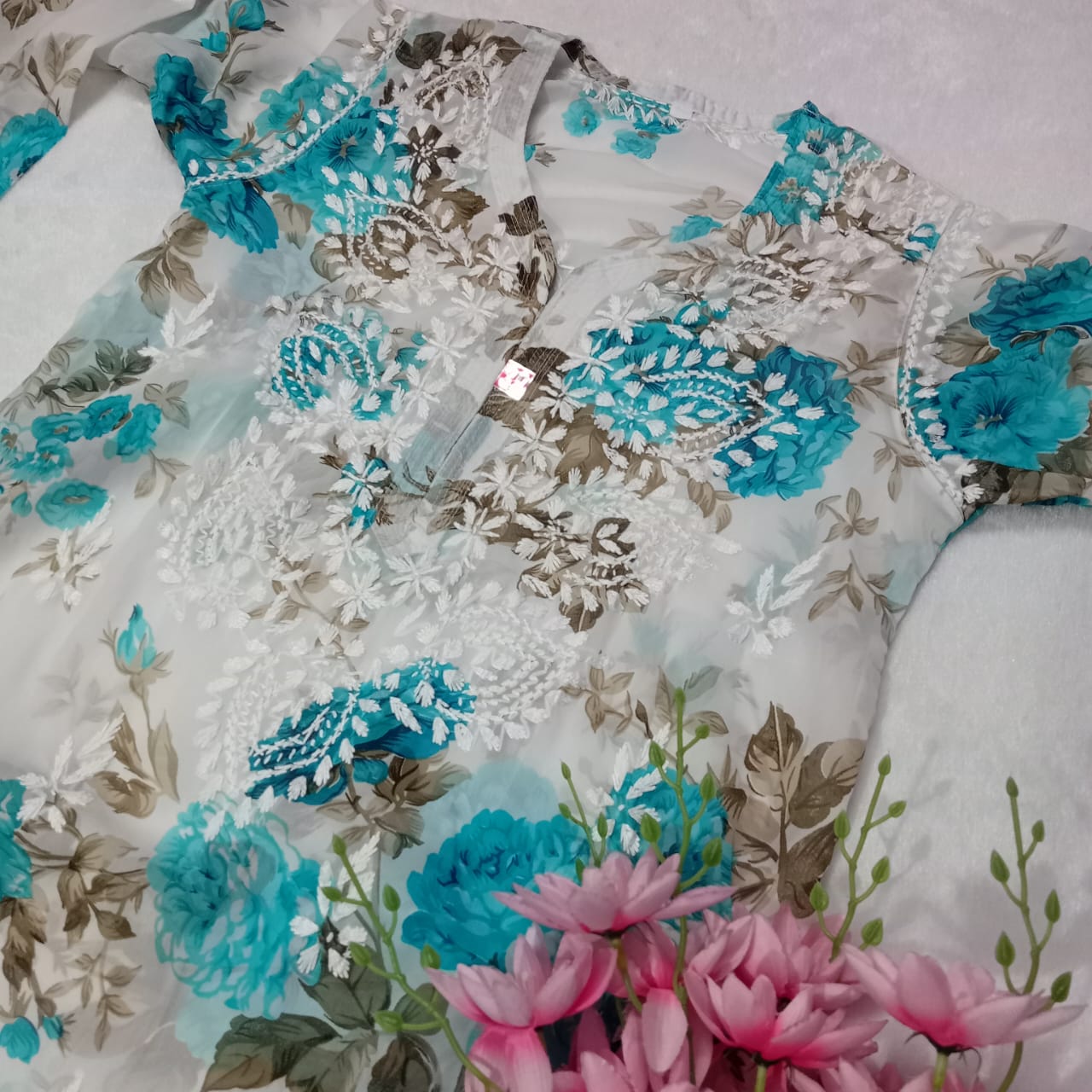 Chikankari Georgette Floral Printed Kurti - Sea Green Blue - Chikankaar