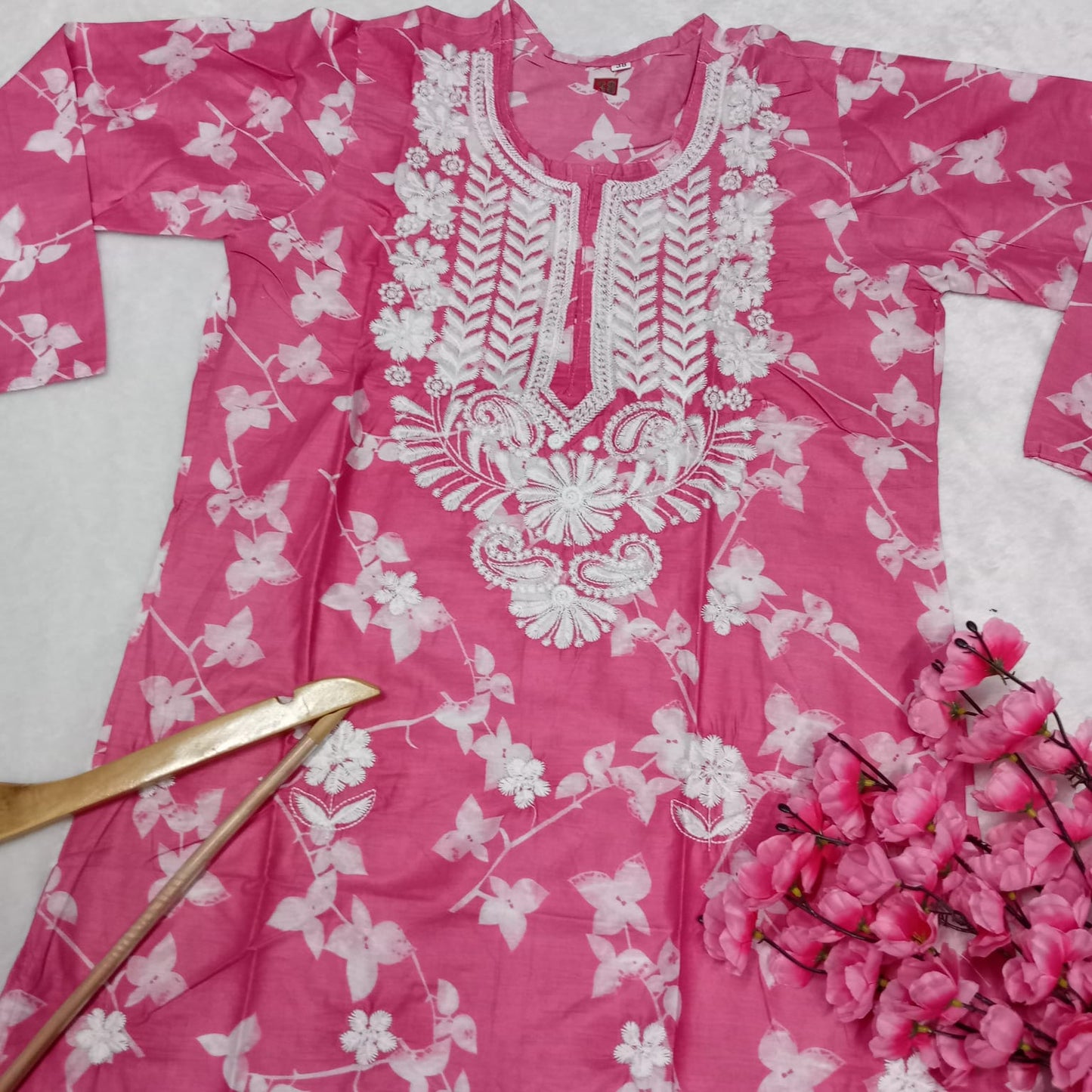 Mulmul Cotton Chikankari Machine Work Kurti - Pink Colour - Chikankaar