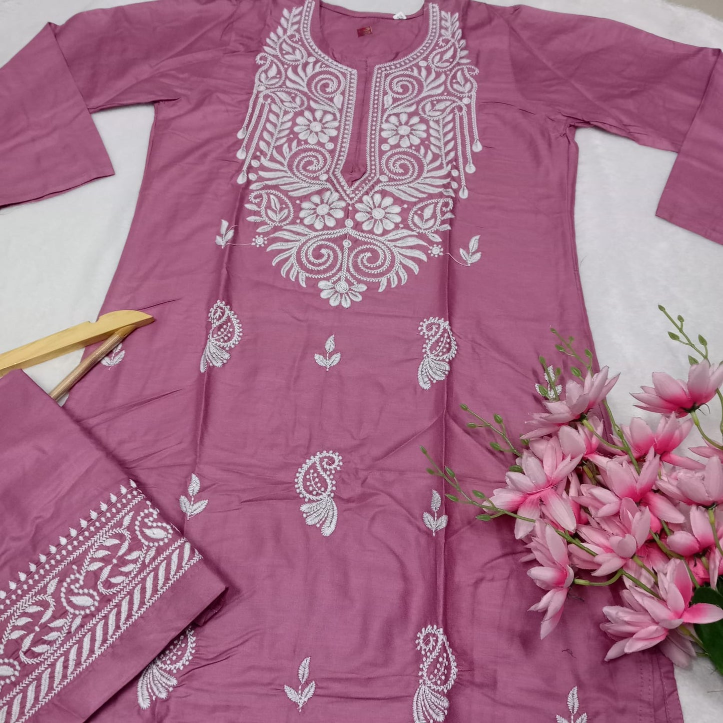 Rayon Chikankari Machine Work Kurti Plazo Set- Fuchsia Colour - Chikankaar