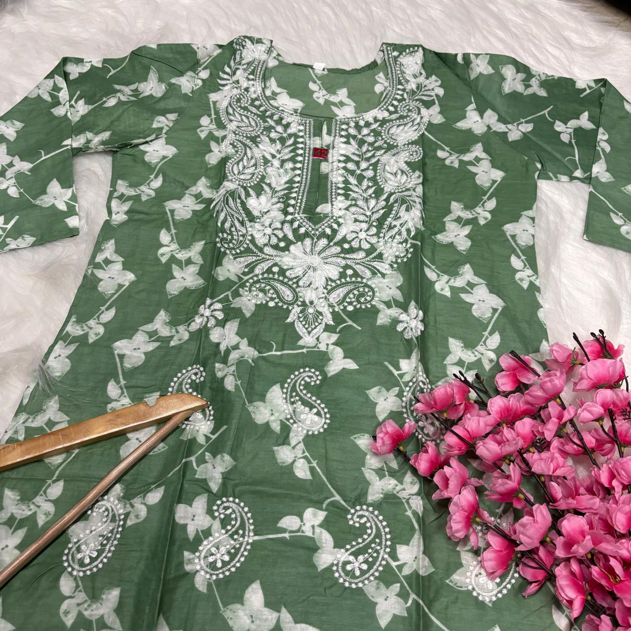 Mulmul Cotton Chikankari Machine Work Kurti -Dark Green Colour - Chikankaar
