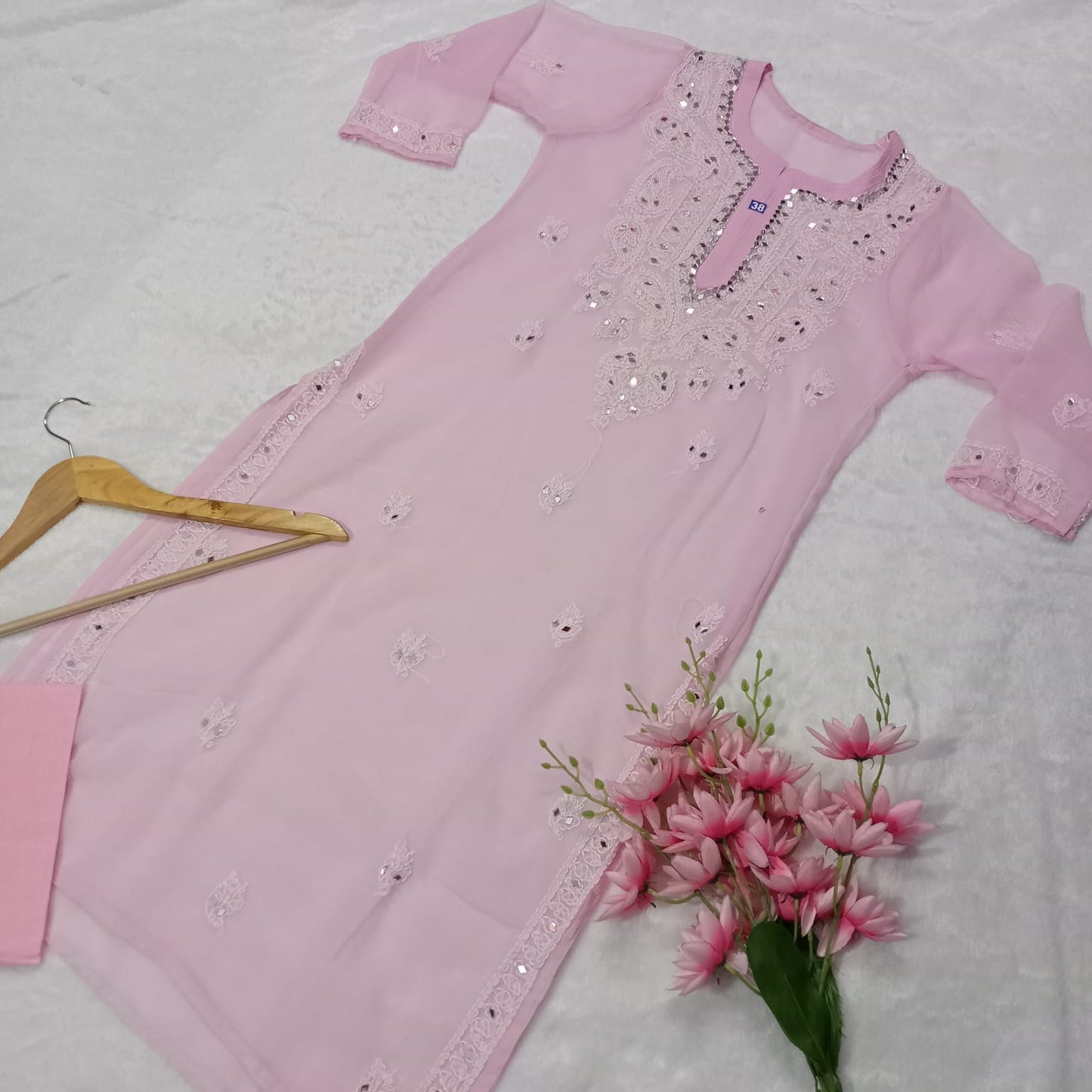 Georgette Mirror Work Chikankari Kurti With Inner- Baby Pink Colour - Chikankaar