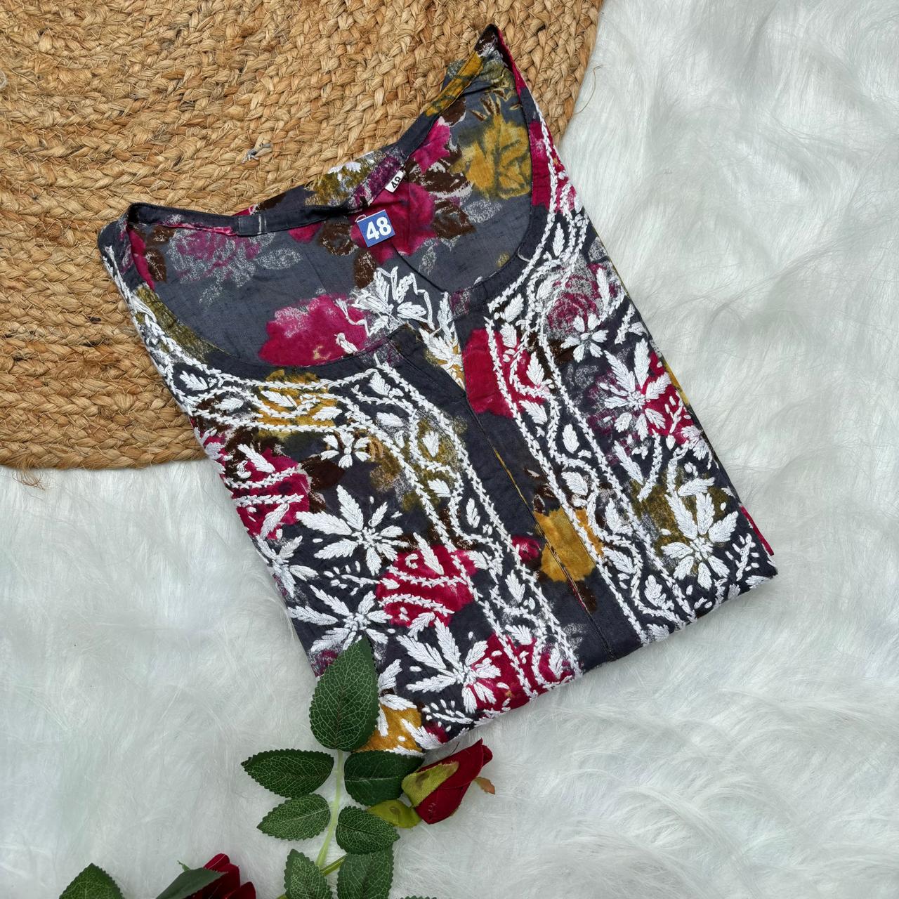 Plus size special-Dhanashree Inspired Mulmul Floral Printed Chikankari Handwork Kurti- Grey Colour - Chikankaar
