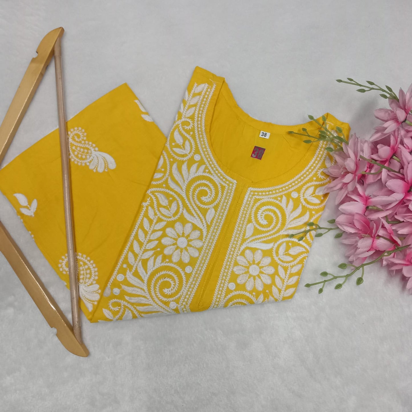 Cotton Machine Work Chikankari Kurti -Yellow Colour - Chikankaar