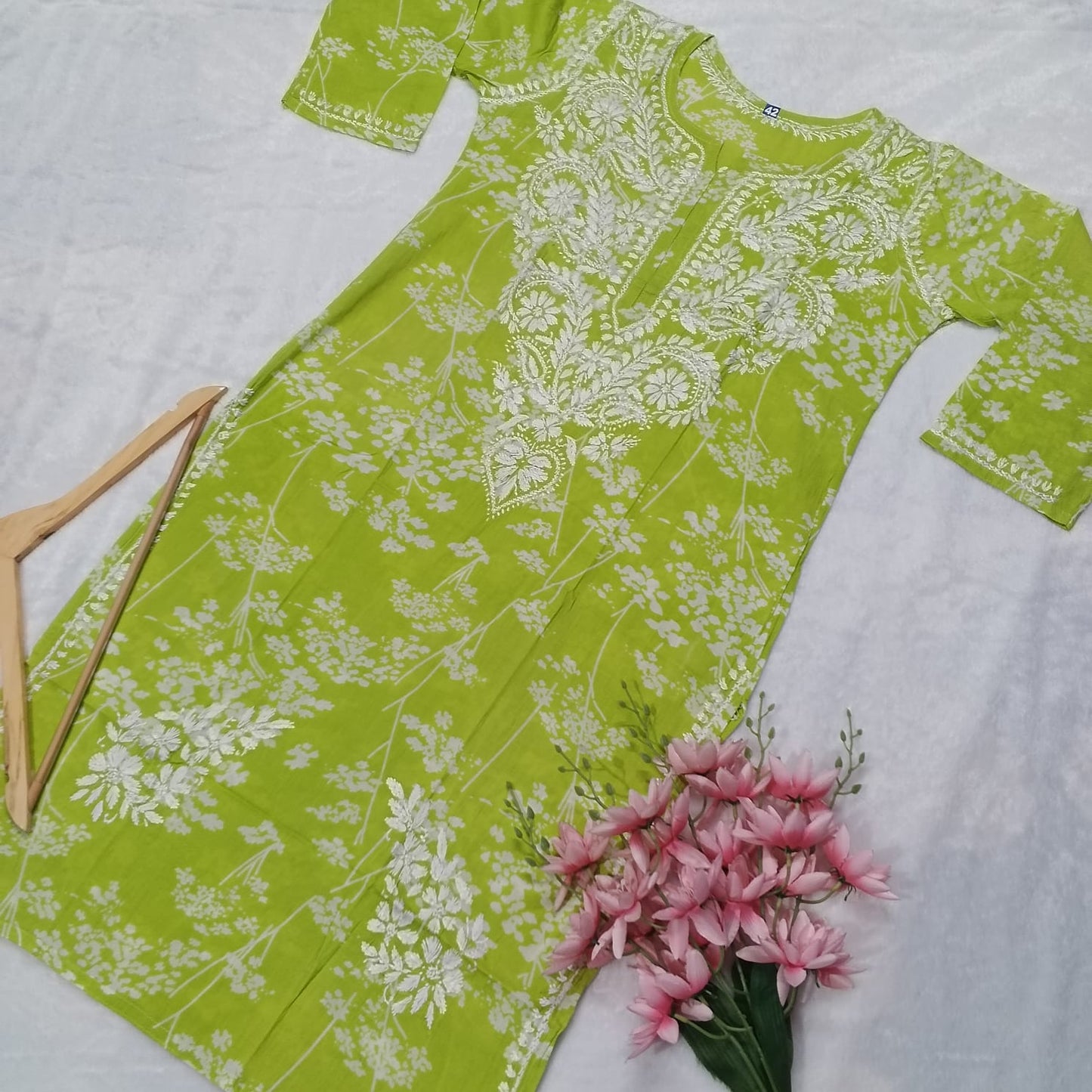 Pure Mulmul Printed Chikankari Kurti-Parrot Green Colour - Chikankaar