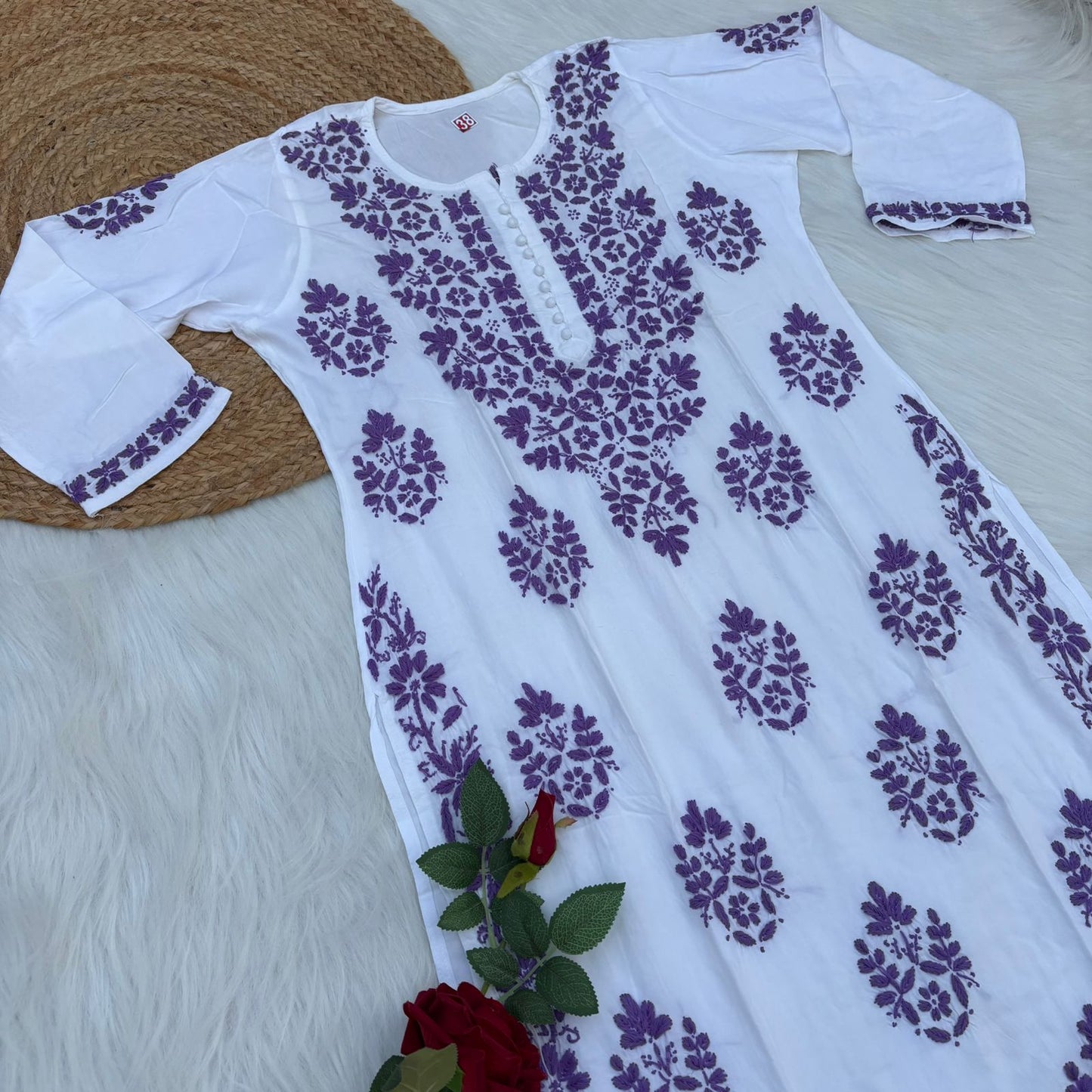 Amira Soft Rayon Chikankari Kurti - Purple on White Color - Chikankaar