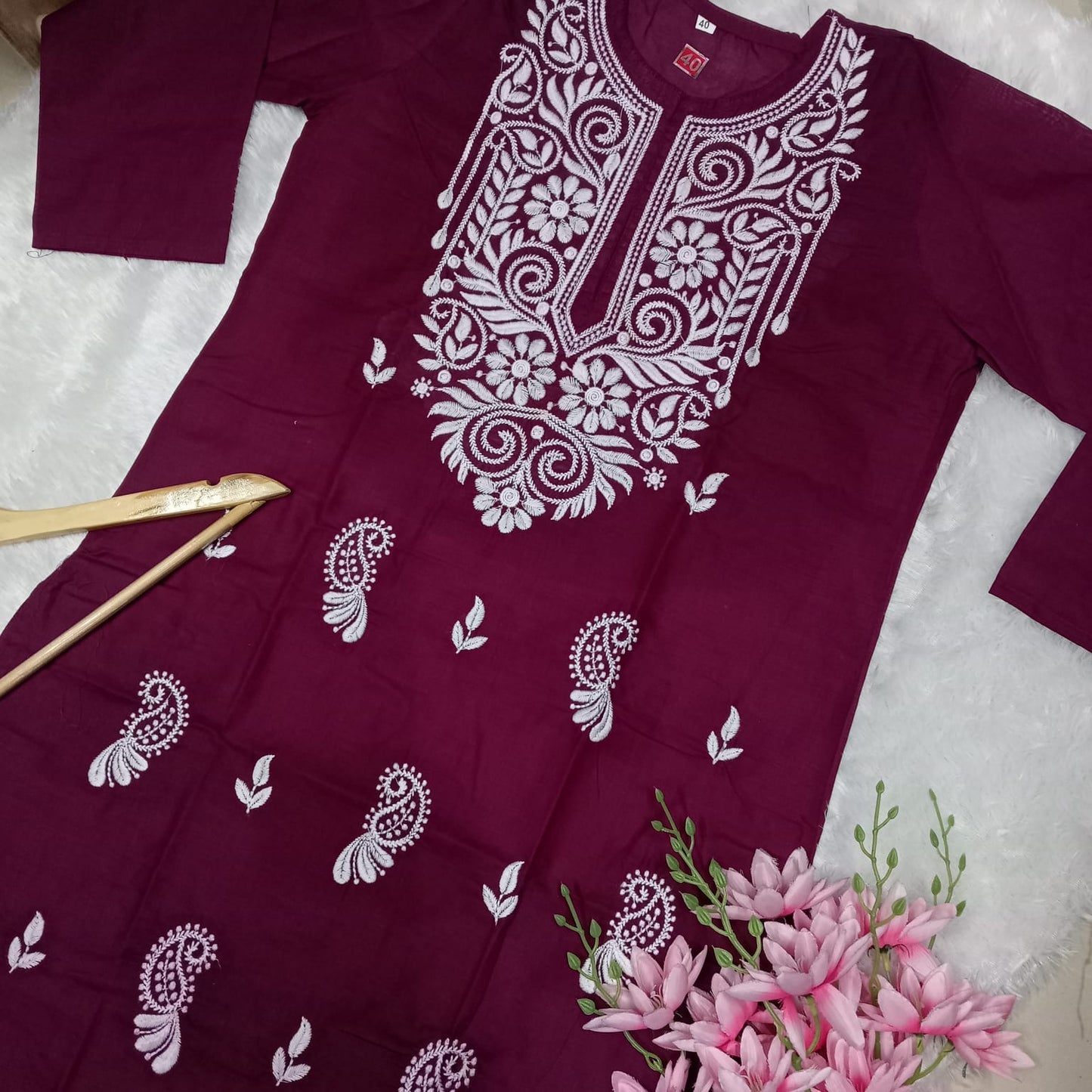 Cotton Machine Work Chikankari Kurti -Wine Colour - Chikankaar