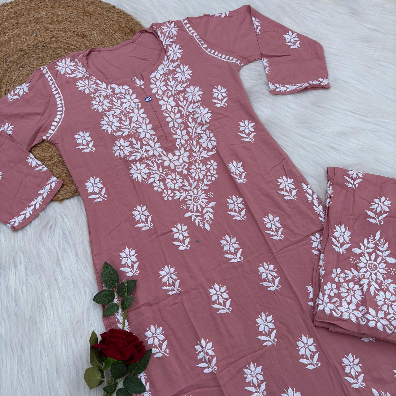 Maya Rayon Chikankari Kurti Plazo Set - Blush Colour