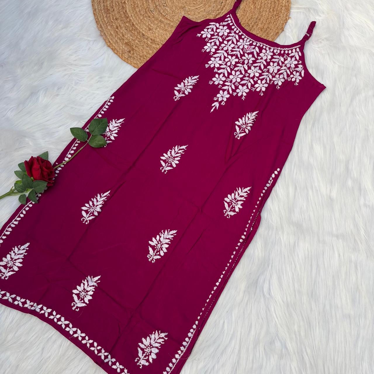 Safa Rayon Chikankari Noodle Strap Short Kurti - Light wine colour (Length - 38")