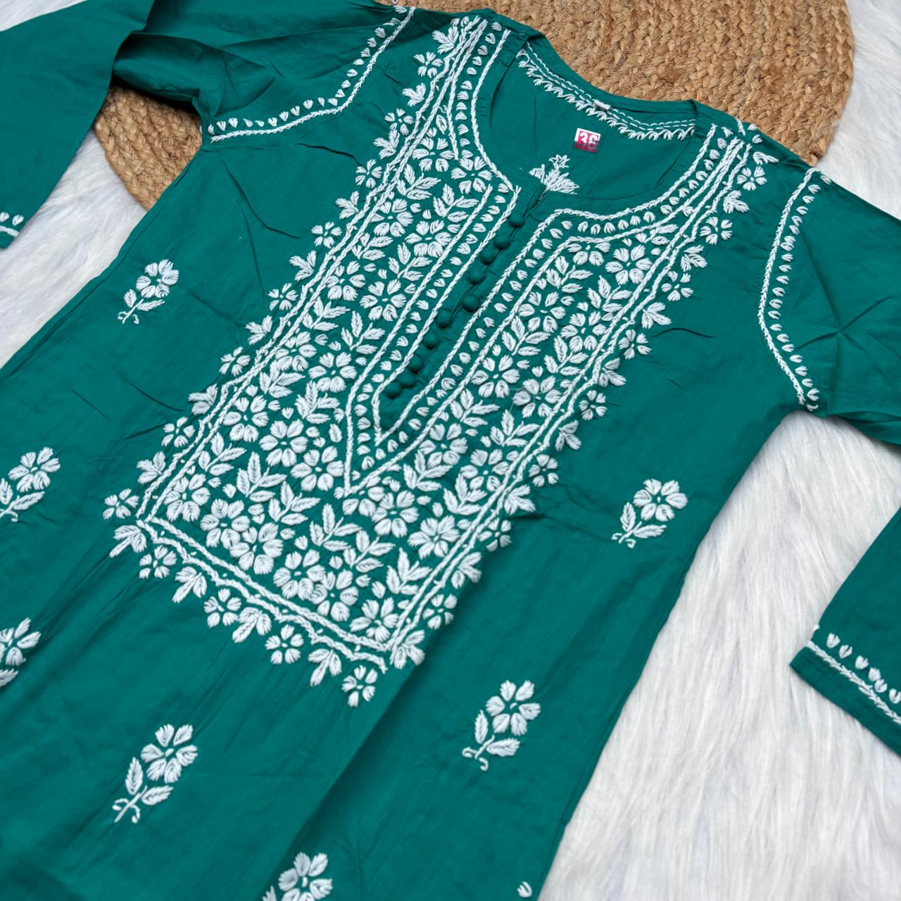 Shanaya Pure Cotton Chikankari Kurti Sea Green Colour