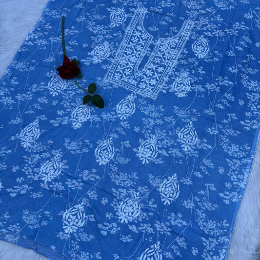 Nisha Pure Mulmul Unstitched Kurti - Blue color