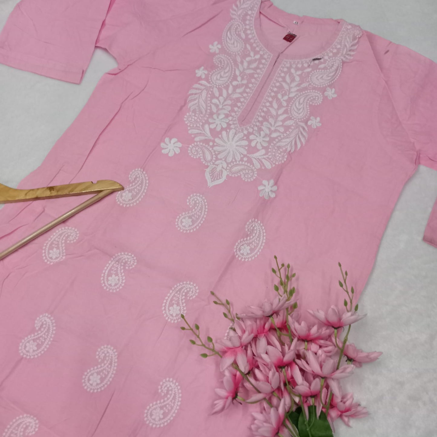 Cotton Machine Work Chikankari Kurti - Pink Colour - Chikankaar