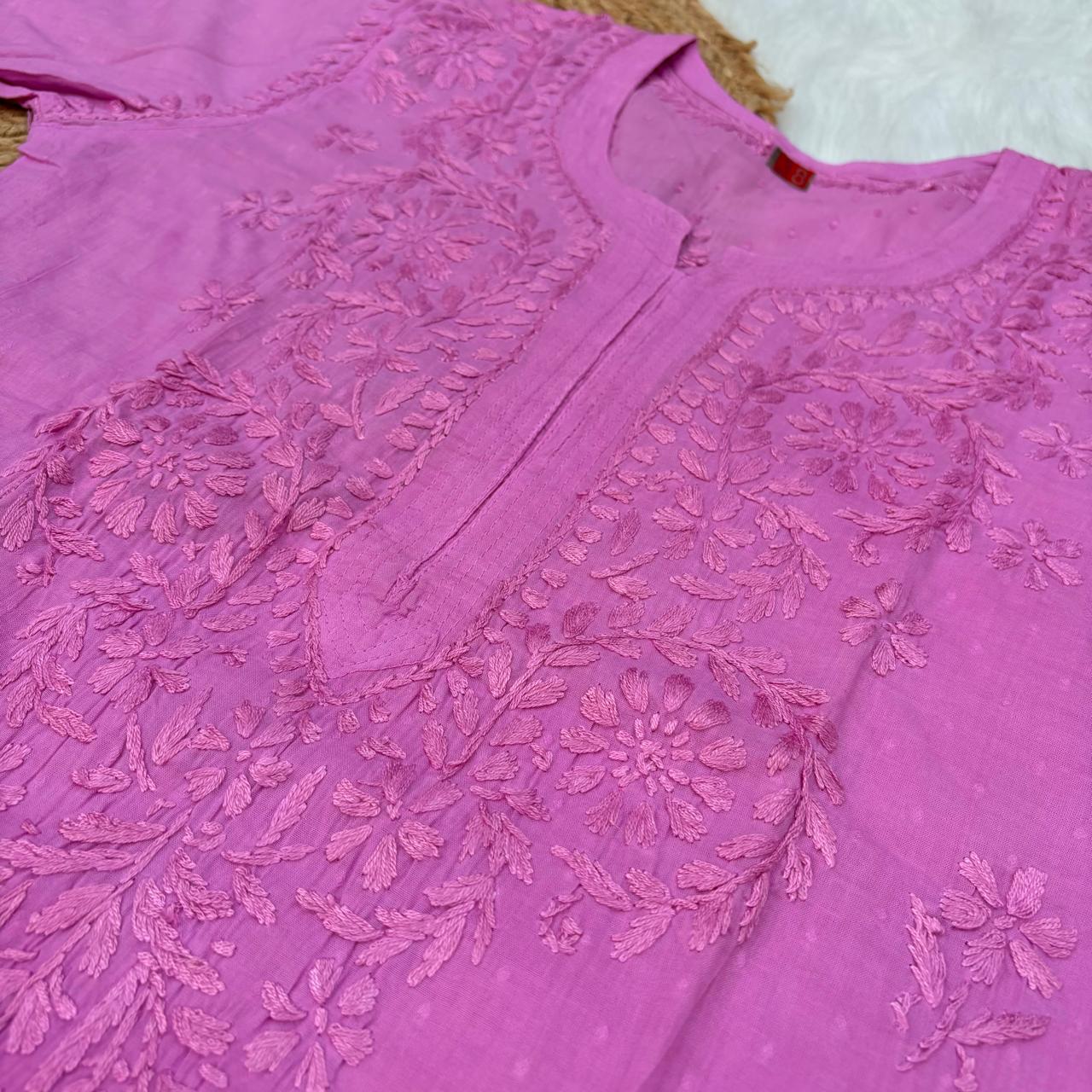 Tuba Ombre Shaded Dobby Cotton Chikankari Kurti - Fuchsia Colour - Chikankaar