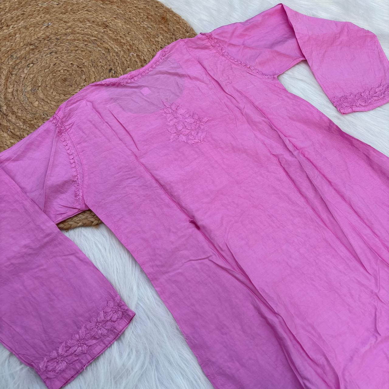 Zooni Chanderi Lucknowi Chikankari Dyed Kurti - Baby Pink