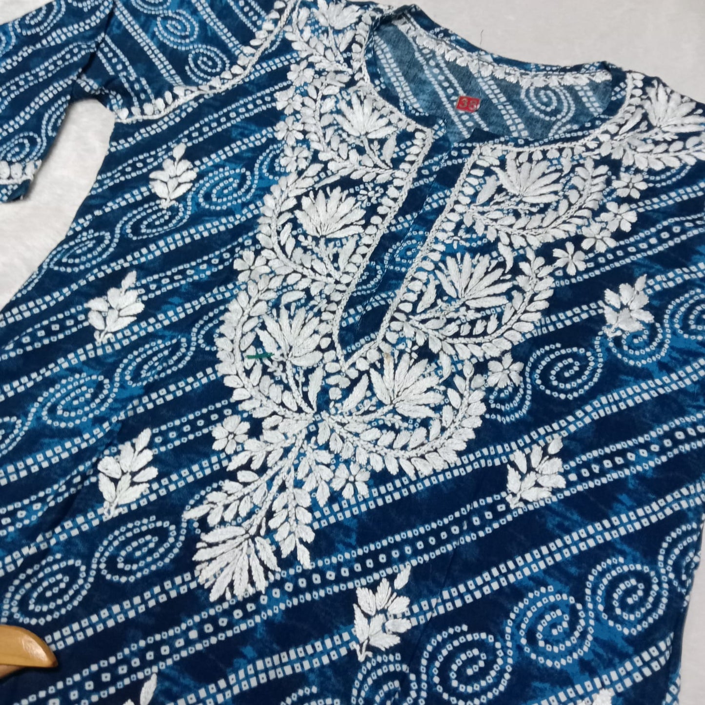 Falak Bandhani Print Rayon Chikankari Kurti Blue Colour - Chikankaar