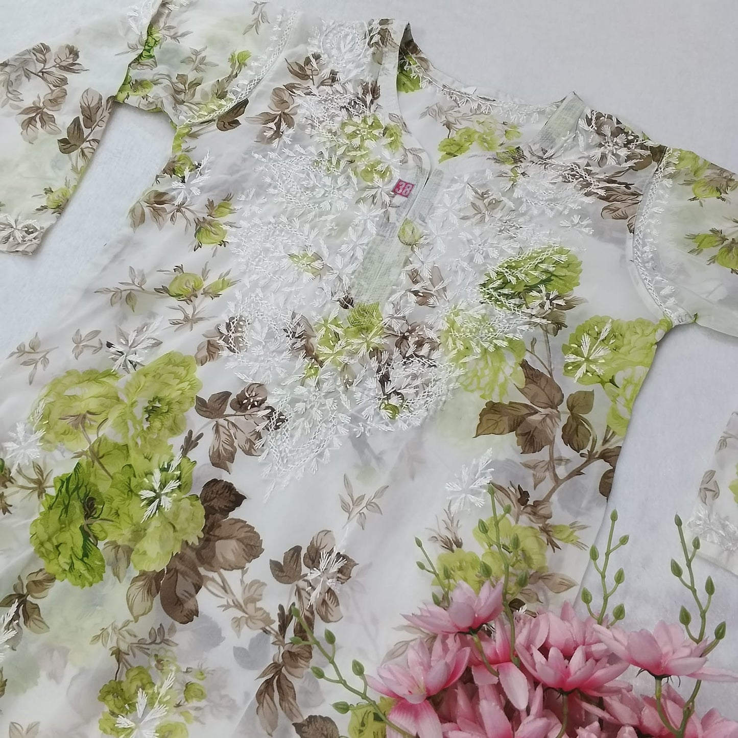 Chikankari Georgette Floral Printed Kurti- Green Colour - Chikankaar