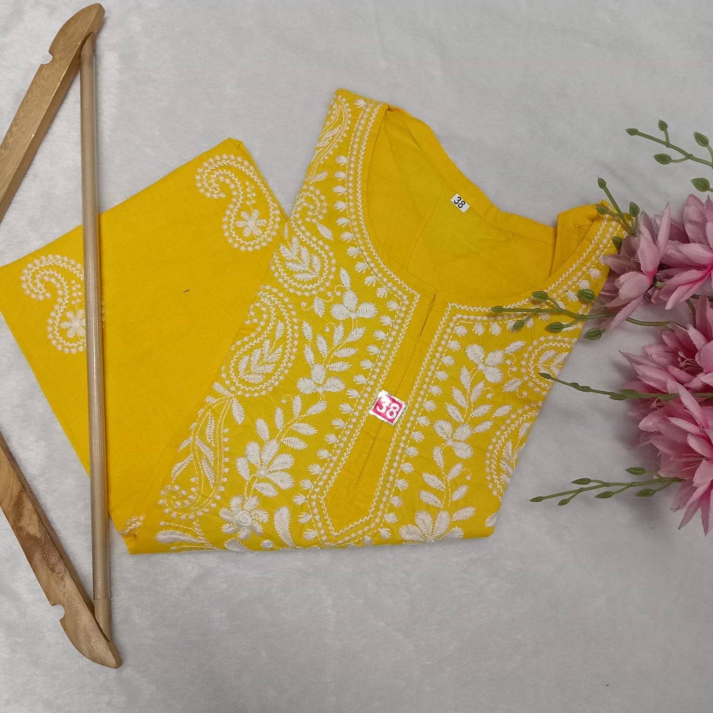 Cotton Machine Work Chikankari Kurti - Yellow Colour - Chikankaar