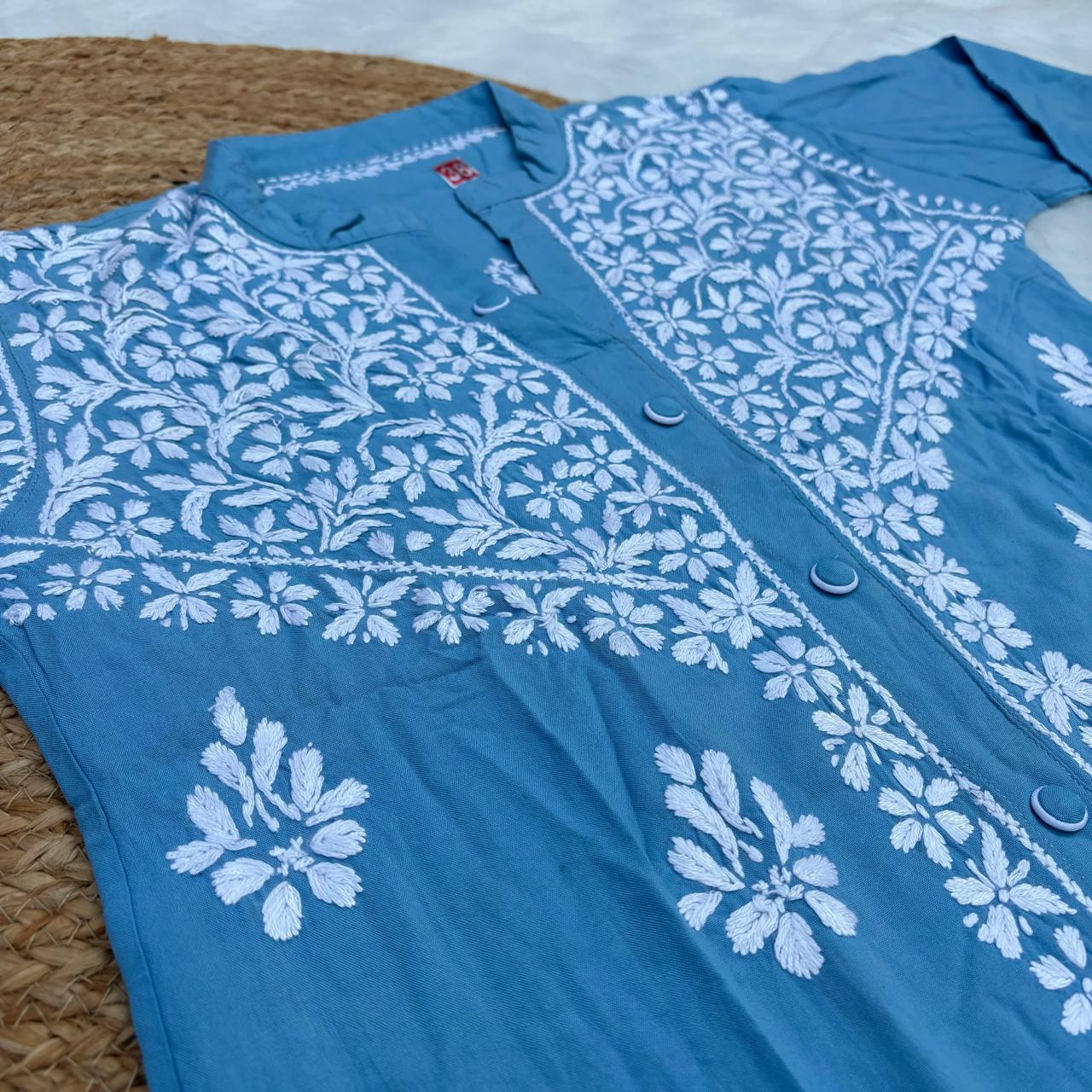 Rihana Rayon Chikankari Short Kurti Plazo Coord Set - Sky Blue colour - Chikankaar