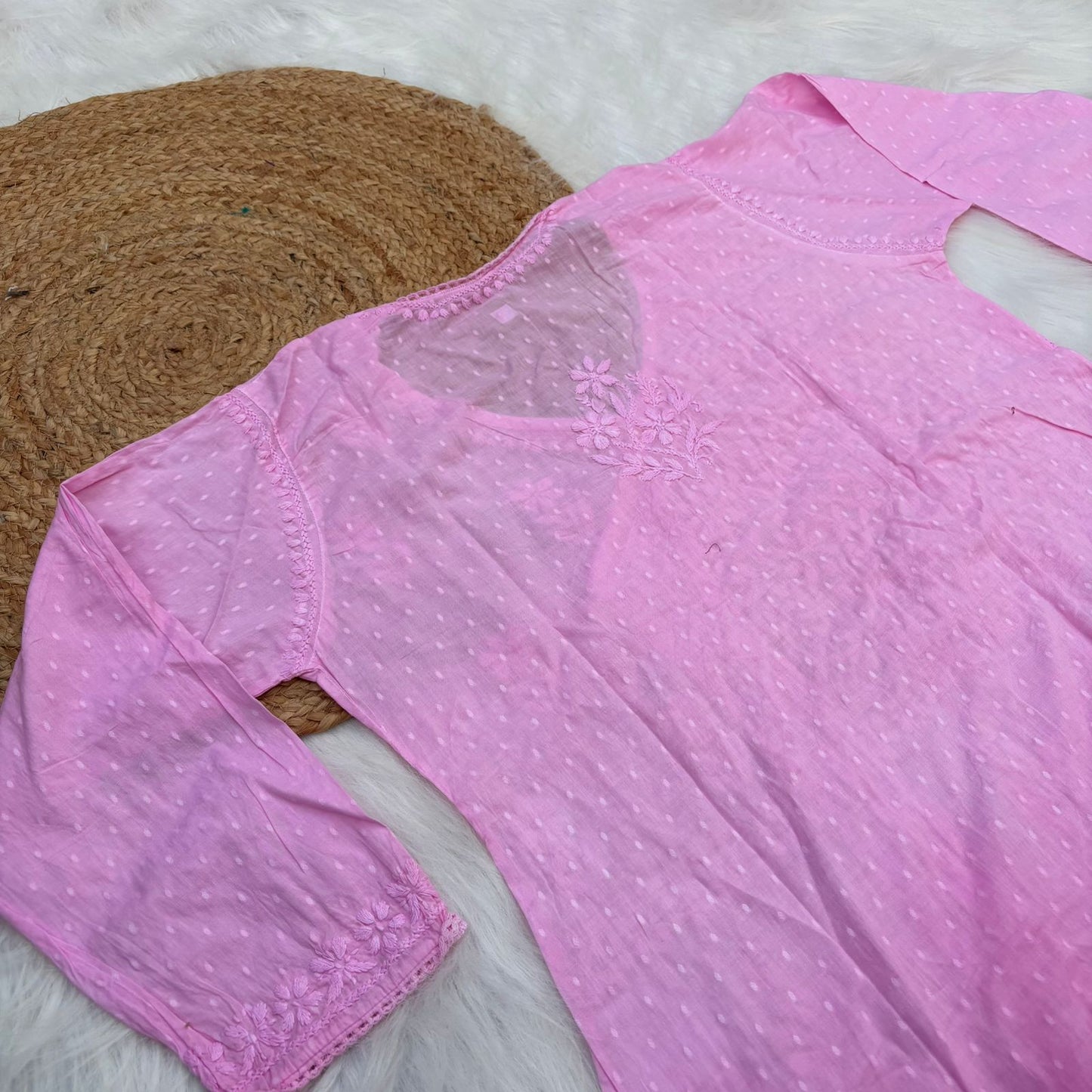 Shazia Ombre Shaded Dobby Cotton Chikankari Angarakha - Baby Pink Colour