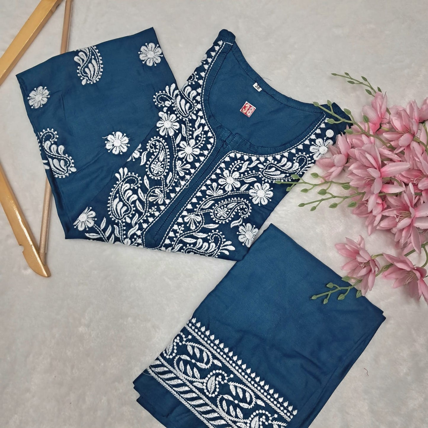 Rayon Chikankari Machine Work Kurti Plazo Set-t Blue Colour - Chikankaar