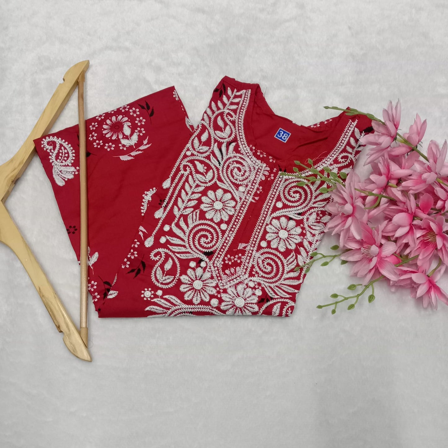 Rayon Chikankari Machine Work Kurti -Red Color - Chikankaar