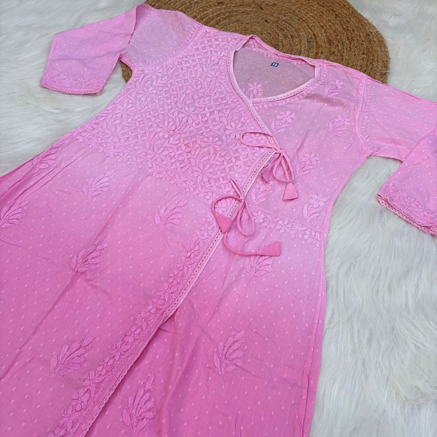 Shazia Ombre Shaded Dobby Cotton Chikankari Angarakha - Baby Pink Colour