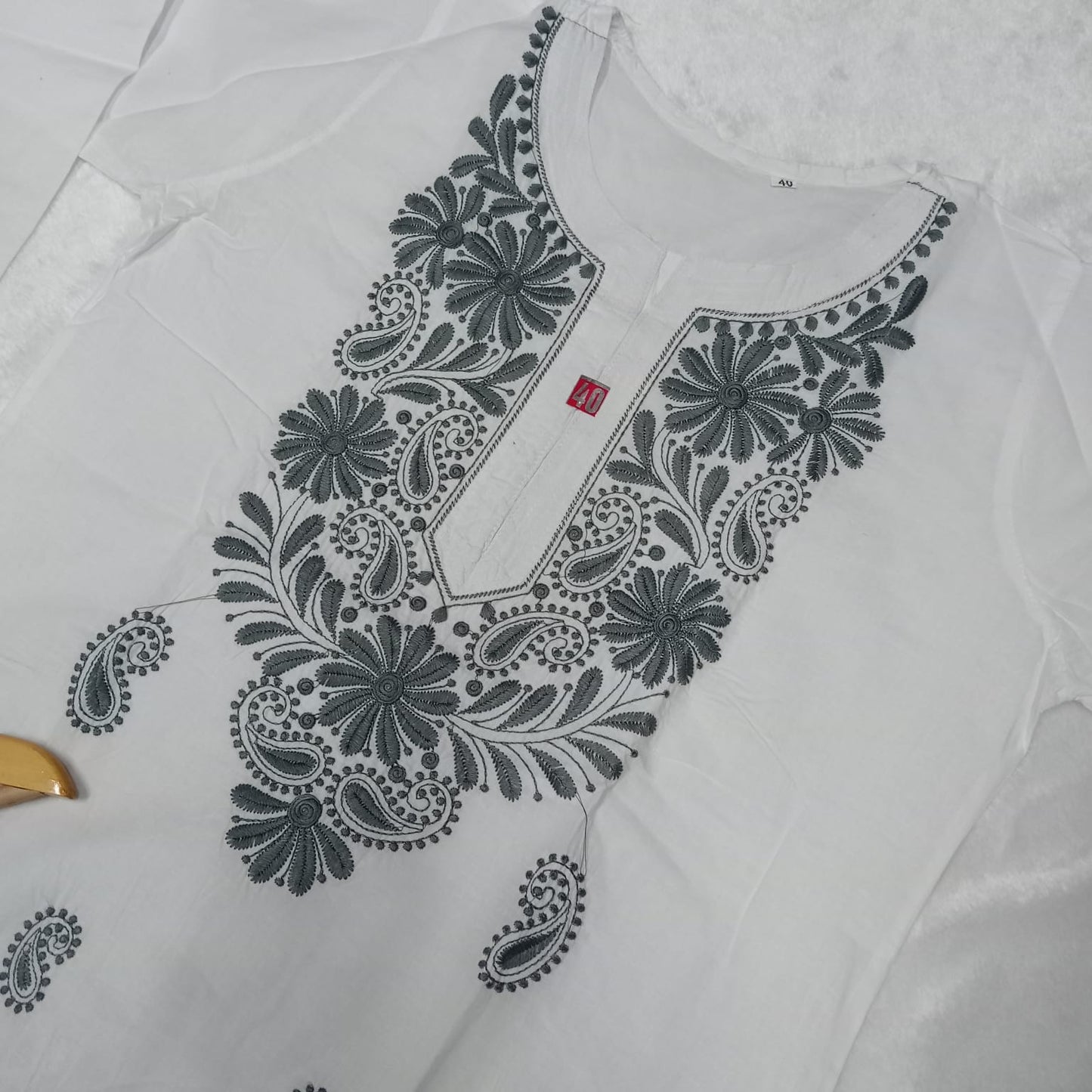 Pure Cotton Chikankari Machine Work Kurti - White Dark Grey Colour - Chikankaar