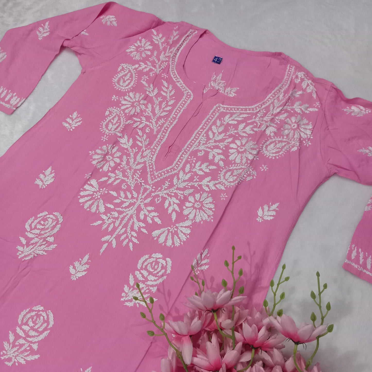 Pure Rayon Chikankari Kurti - Pink Colour - Chikankaar