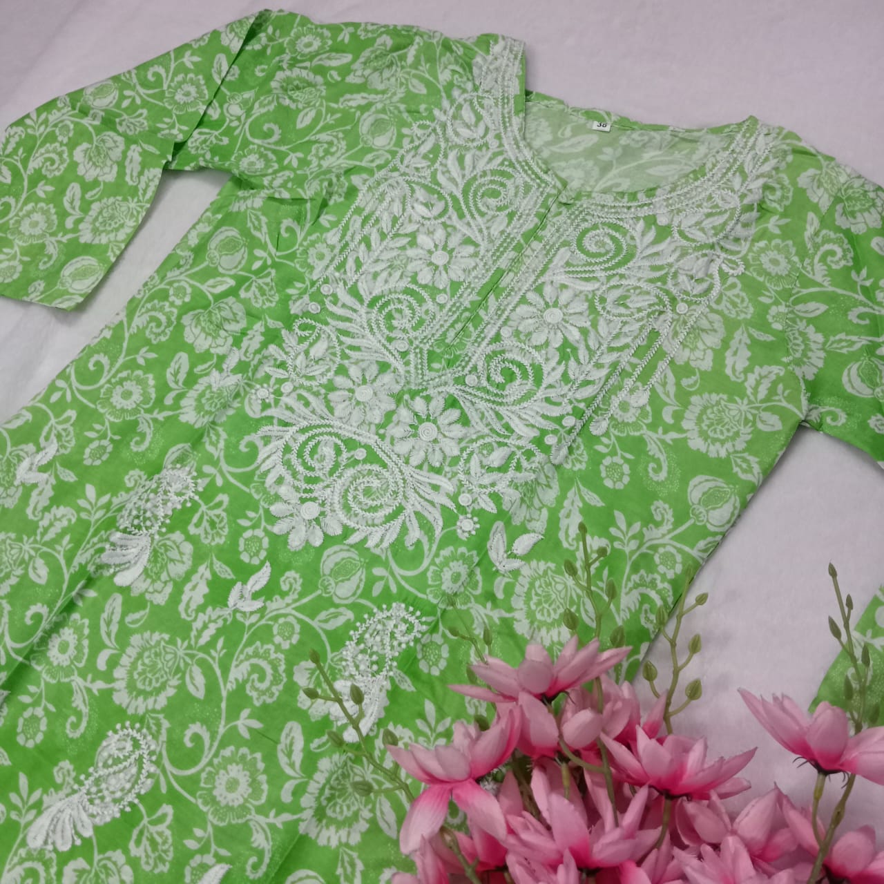 Mulmul Cotton Chikankari Machine Work Kurti -Parrot Green Colour - Chikankaar