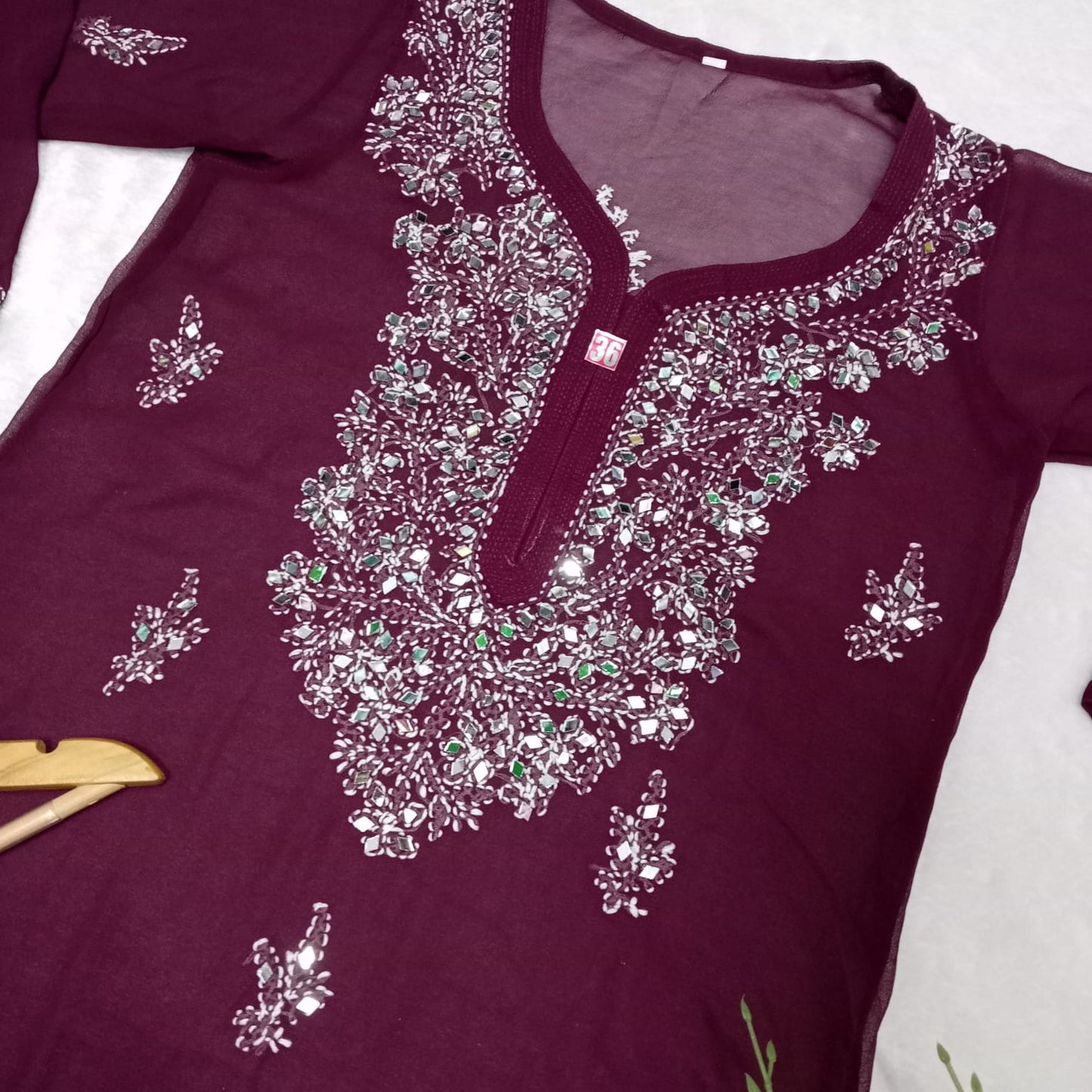 Georgette Mirror Work Chikankari Kurti With Inner -Wine Colour - Chikankaar