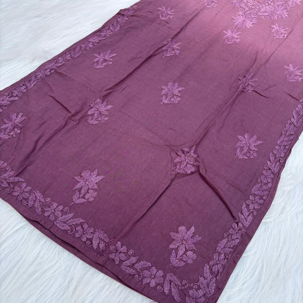 Sadia Dobby Cotton Ombre Shaded Chikankari Kurti with Collar - Wine Colour
