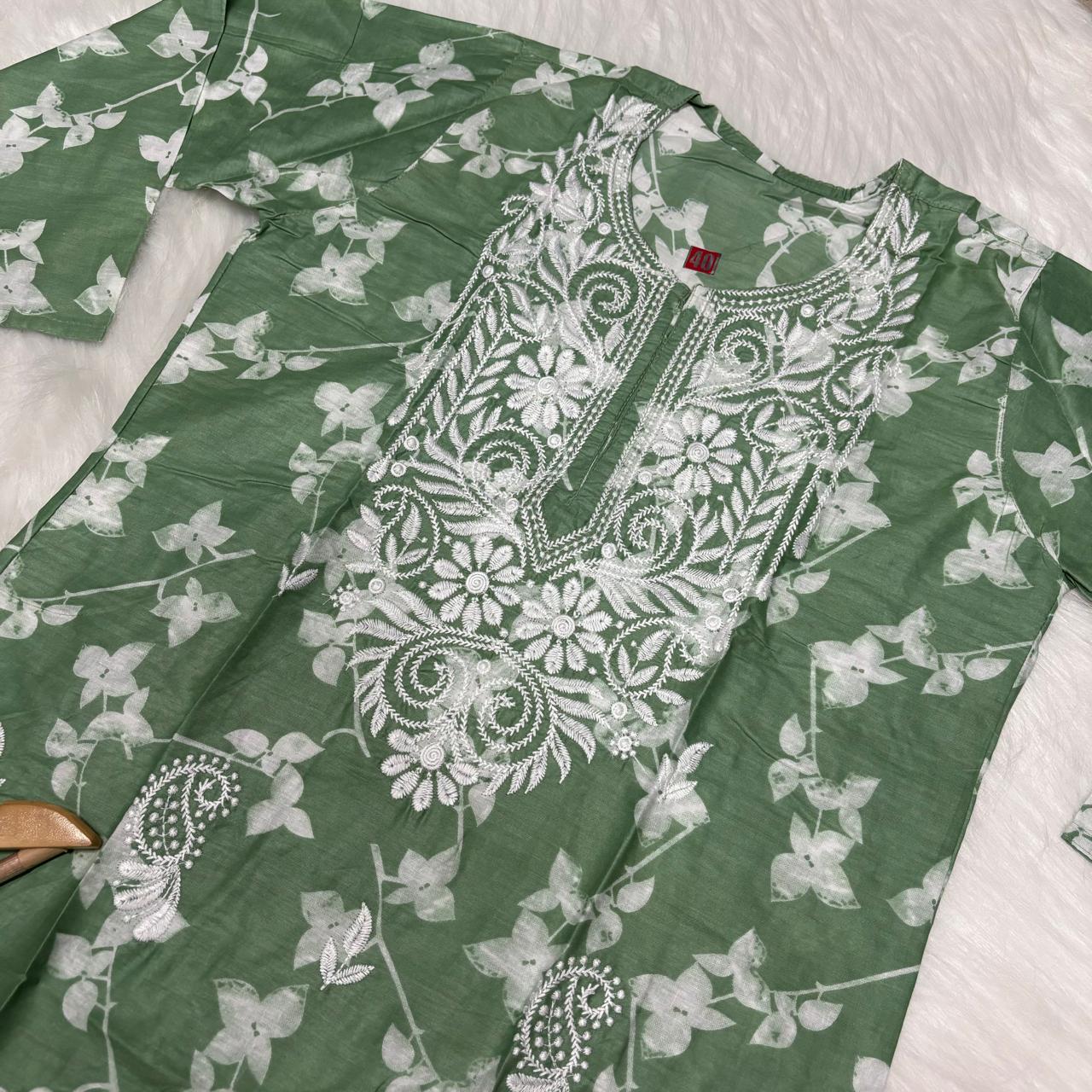 Mulmul Cotton Chikankari Machine Work Kurti - Dark Green Colour - Chikankaar