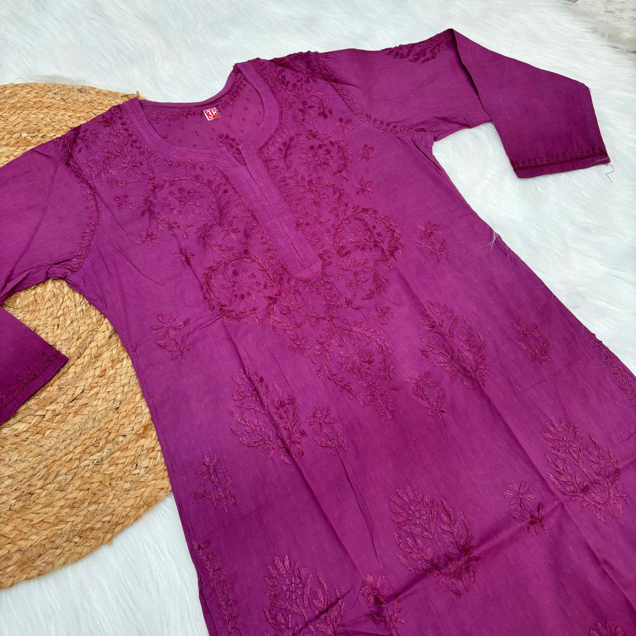 Tuba Ombre Shaded Dobby Cotton Chikankari Kurti - Wine Colour - Chikankaar