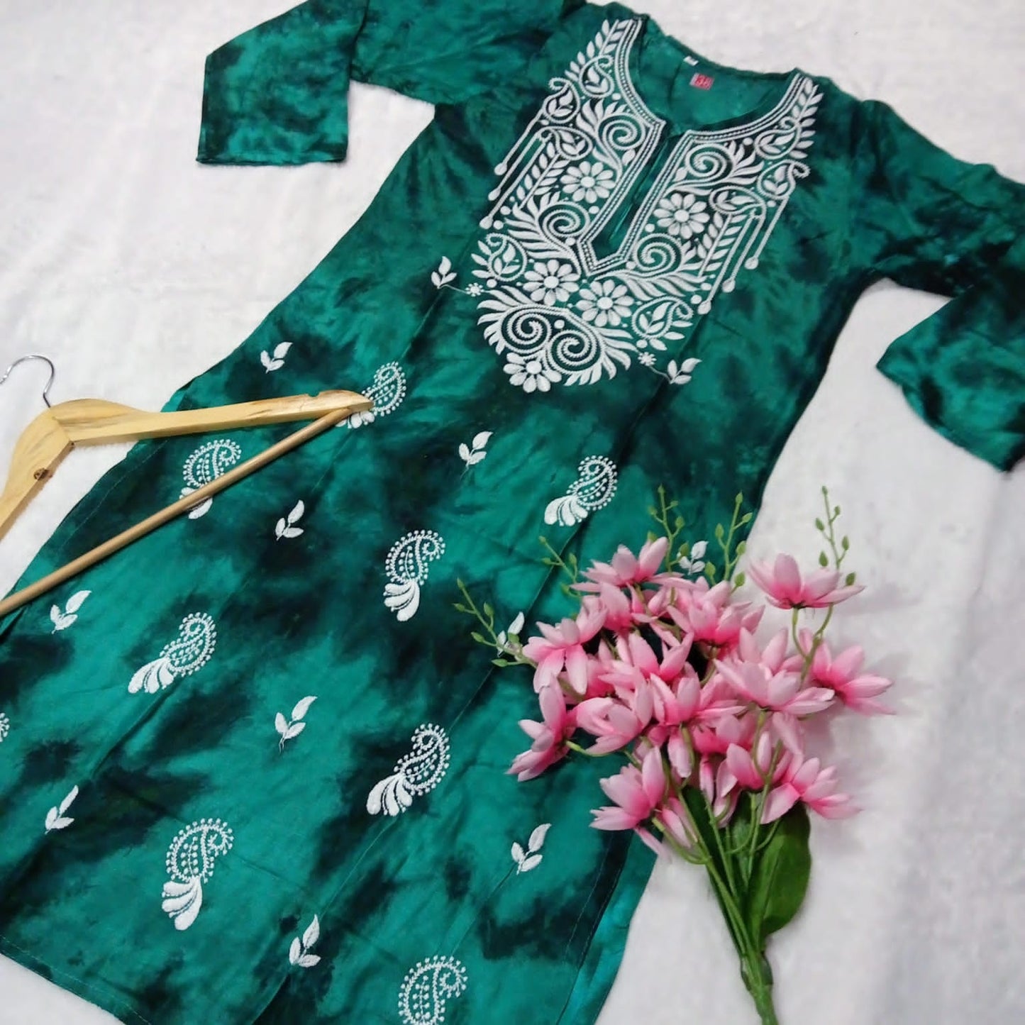 RAYON TIE & DYE CHIKANKARI MACHINE WORK KURTI -PINE GREEN COLOUR - Chikankaar