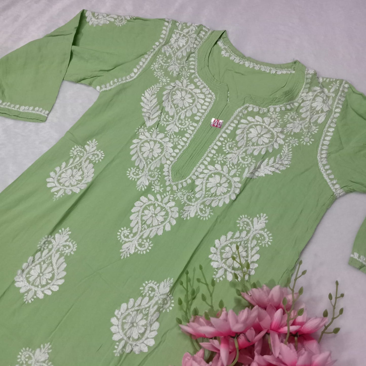 Pure Rayon Chikankari Kurti - Pista Green Colour - Chikankaar