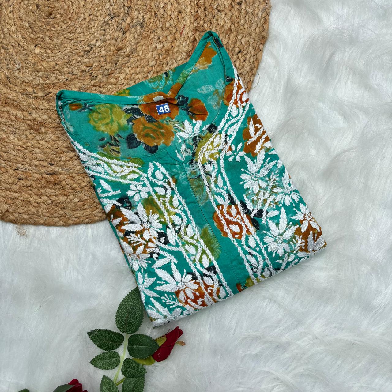 Plus size special-Dhanashree Inspired Mulmul Floral Printed Chikankari Handwork Kurti -Sea Green Colour - Chikankaar