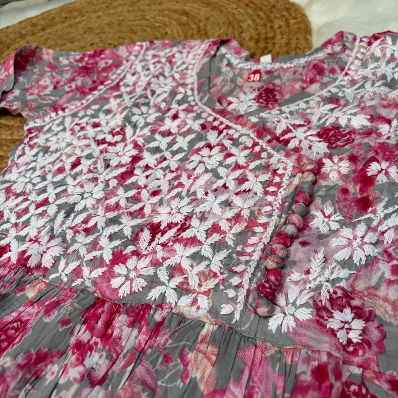 Zainab Pure Mulmul Cotton Gown - Pink Colour - Chikankaar