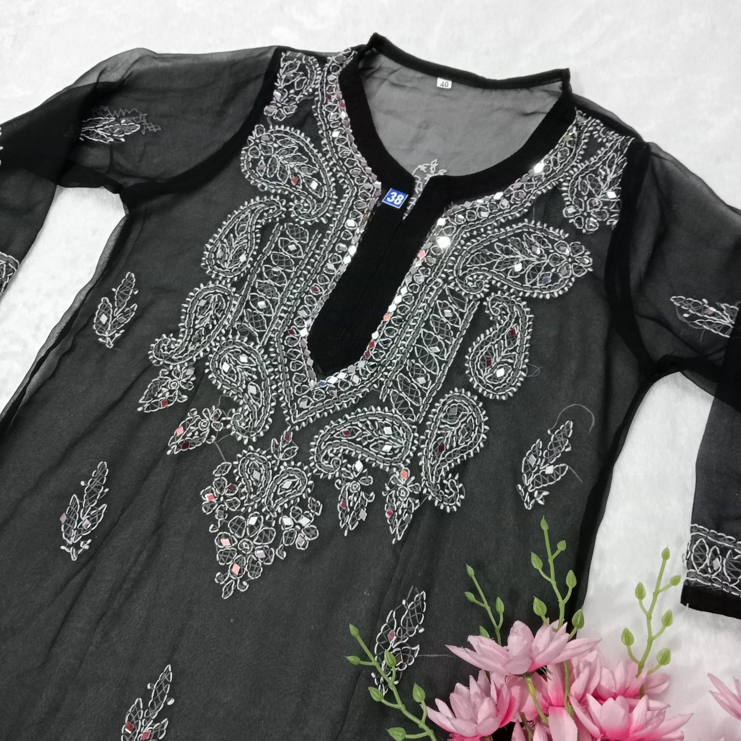 Georgette Mirror Work Chikankari Kurti With Inner- Black Colour - Chikankaar