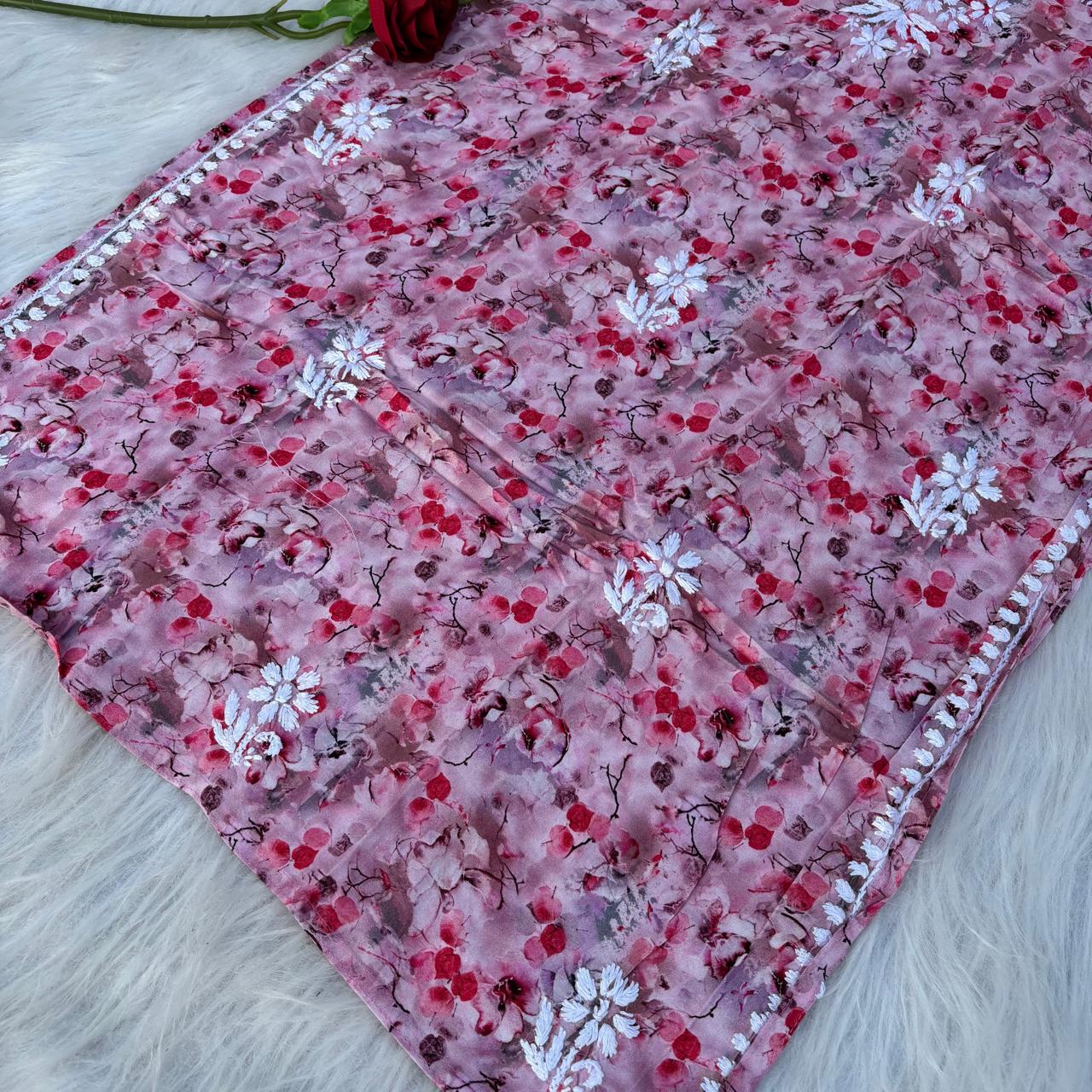 Hina Rayon Rose work Lucknowi Chikankari kurti - Blush Colour