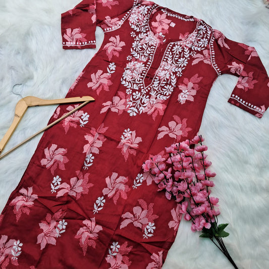 Suhana Khan Inspired Pure Mulmul Chikankari Kurti- Dark Red Colour - Chikankaar